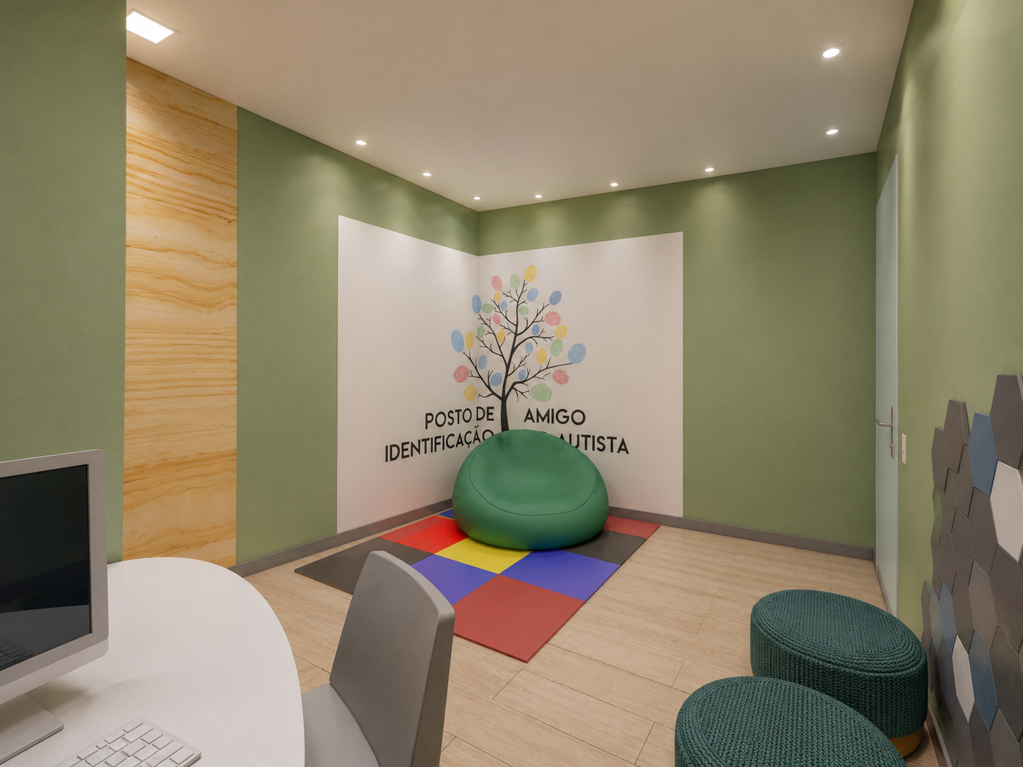 Sala Azul para atendimento de pessoas autistas: paredes verde-sálvia, painel com árvore de digitais, puff verde, tapete lúdico colorido e painel hexagonal sensorial.