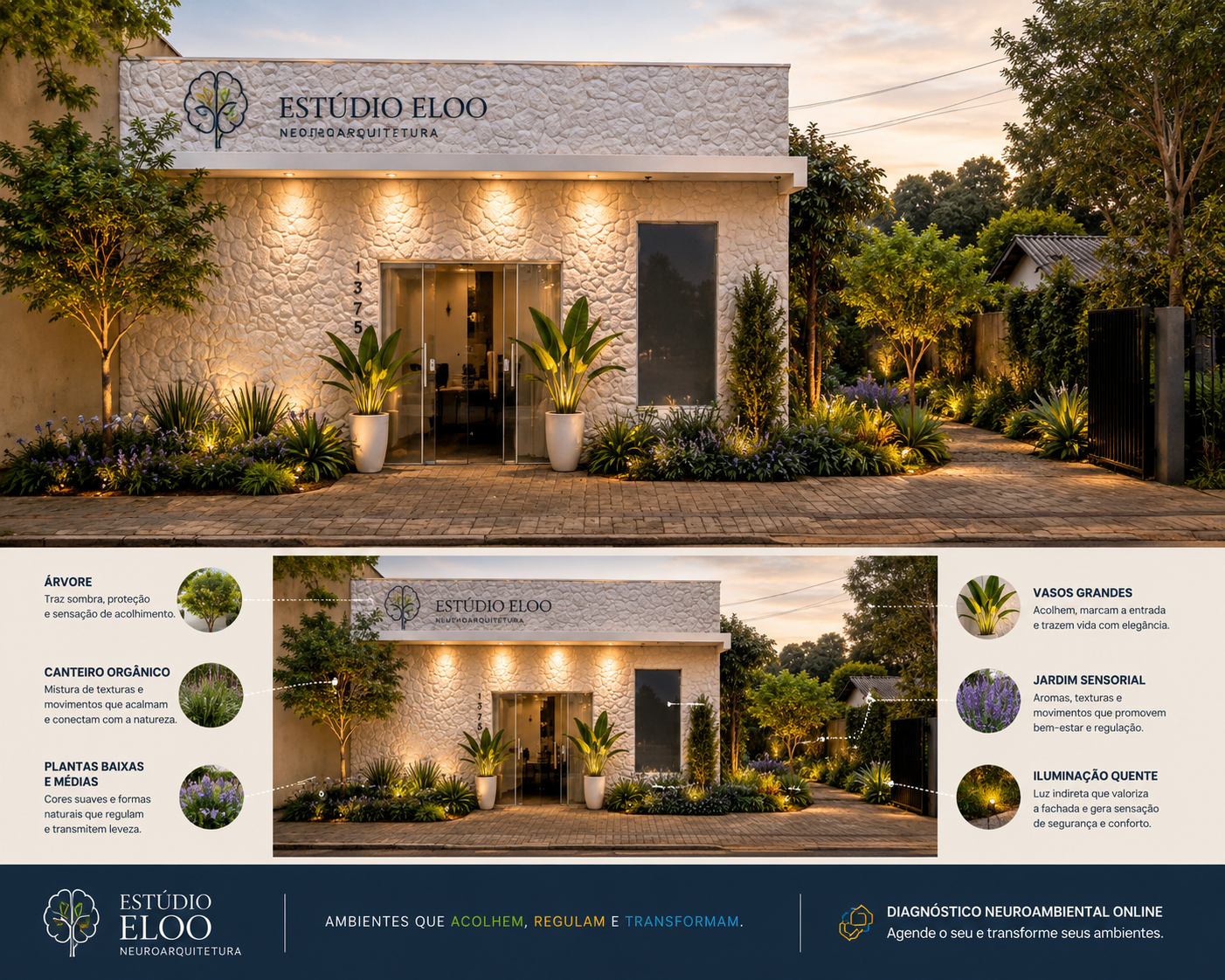Fachada do Estúdio ELOO com revestimento em pedra, iluminação quente, jardim sensorial e vasos com plantas de acolhimento.