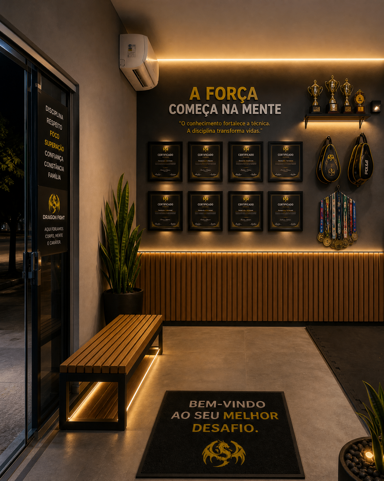 Recepção da Dragon Fight com parede de certificados e troféus, iluminação indireta quente, banco de madeira e tapete de boas-vindas.