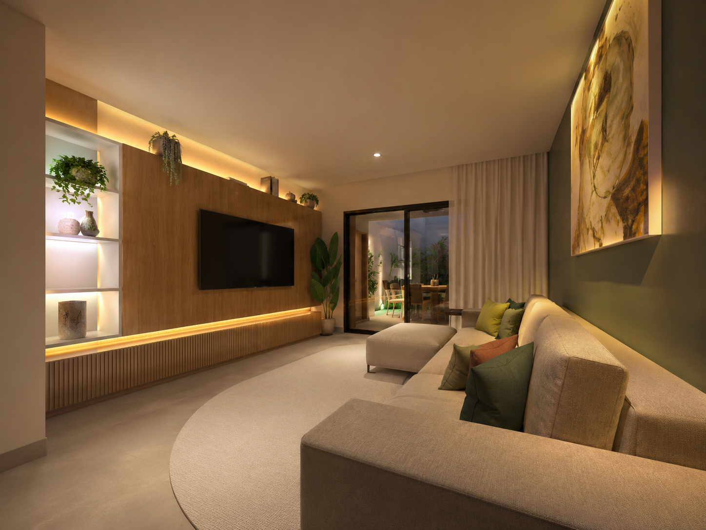 Sala de home theater com painel de madeira, iluminação indireta quente, estante com nichos iluminados, sofá em L bege e tapete circular.
