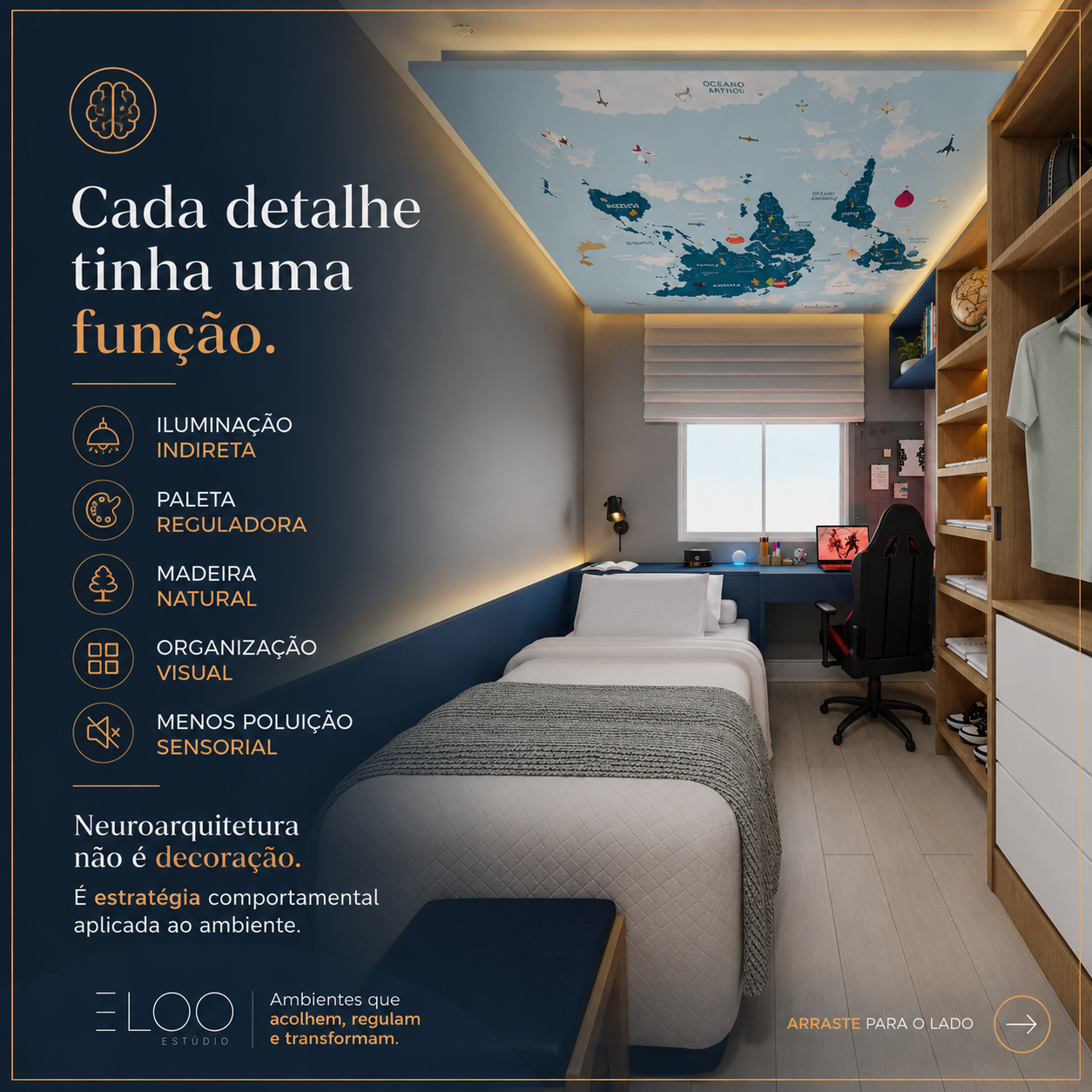 Quarto do Thiago após o projeto: iluminação indireta, paleta reguladora, madeira natural e organização visual.