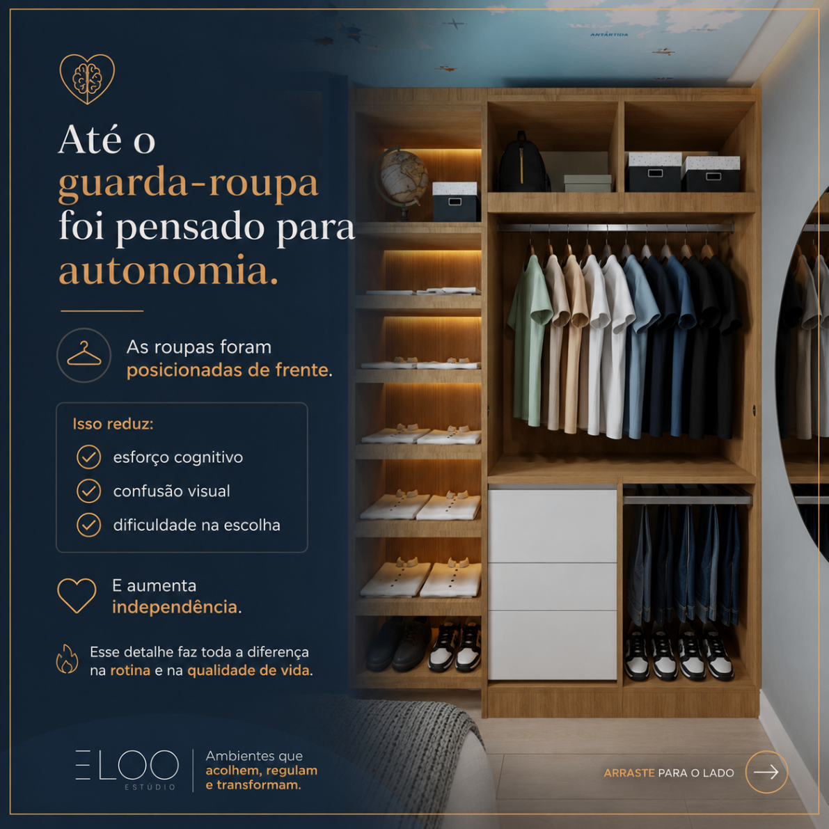 Card do carrossel: até o guarda-roupa foi pensado para autonomia — roupas posicionadas de frente reduzem esforço cognitivo, confusão visual e dificuldade na escolha, aumentando independência.