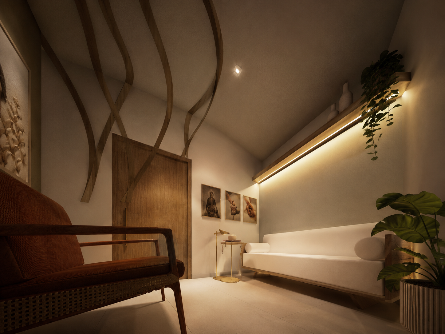 Sala de meditação e acolhimento com painel de curvas orgânicas em madeira no teto, sofá branco, poltrona em couro caramelo, iluminação linear quente e plantas.