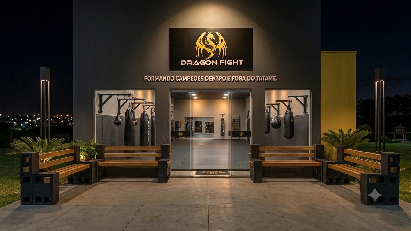 Fachada noturna da academia Dragon Fight com logo dourado, iluminação pontual, bancos de madeira e sacos de pancadas.
