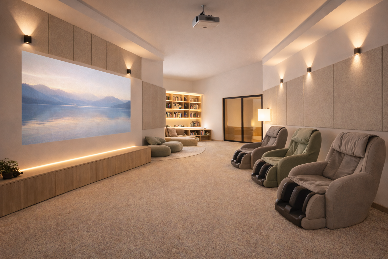 Sala de autorregulação com iluminação controlada, tatame em EVA e poltronas de conforto.