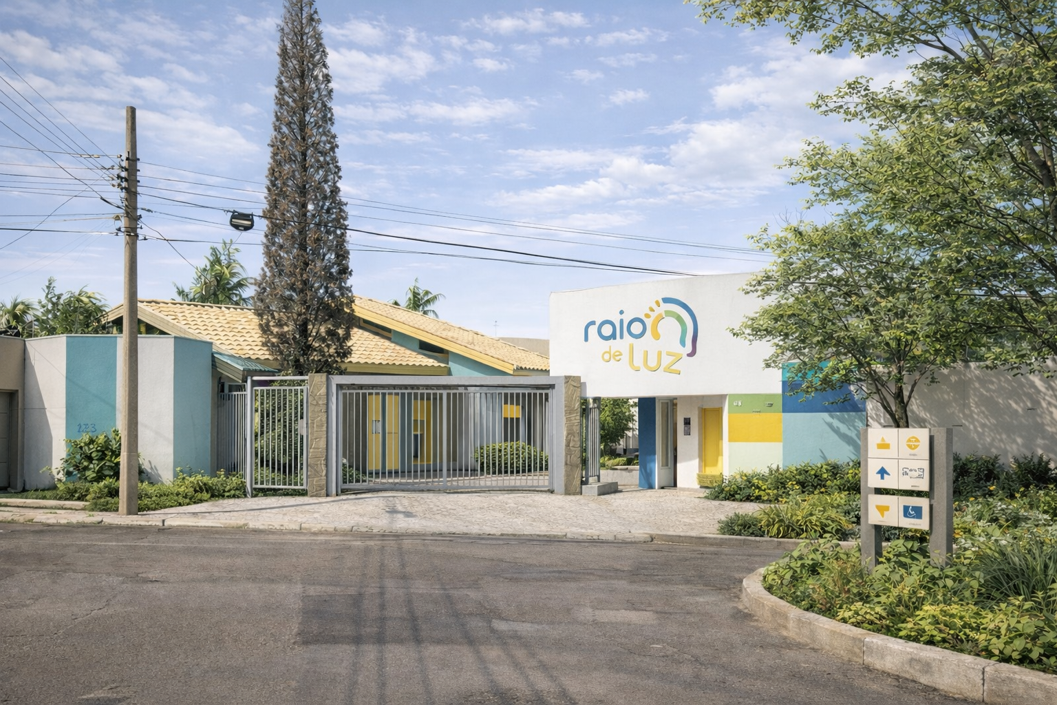 Fachada da Escola Raio de Luz com identidade visual acolhedora e sinalização acessível.