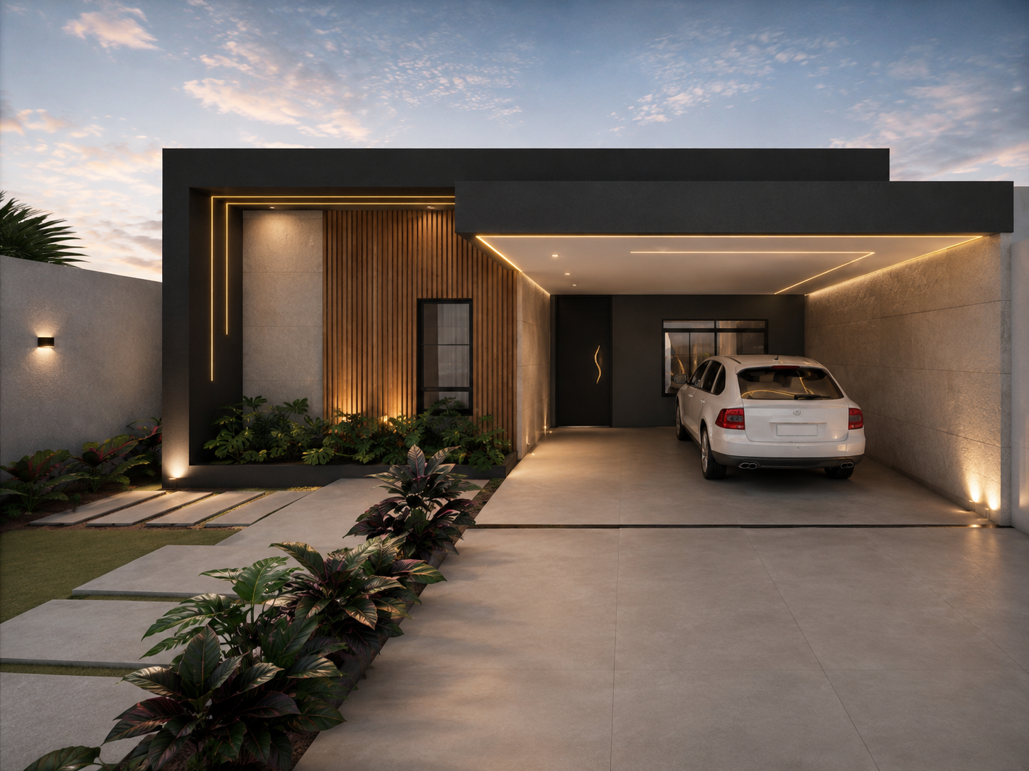 Fachada frontal com garagem coberta, painel ripado iluminado, jardim linear de folhagens e piso em porcelanato de grandes formatos.