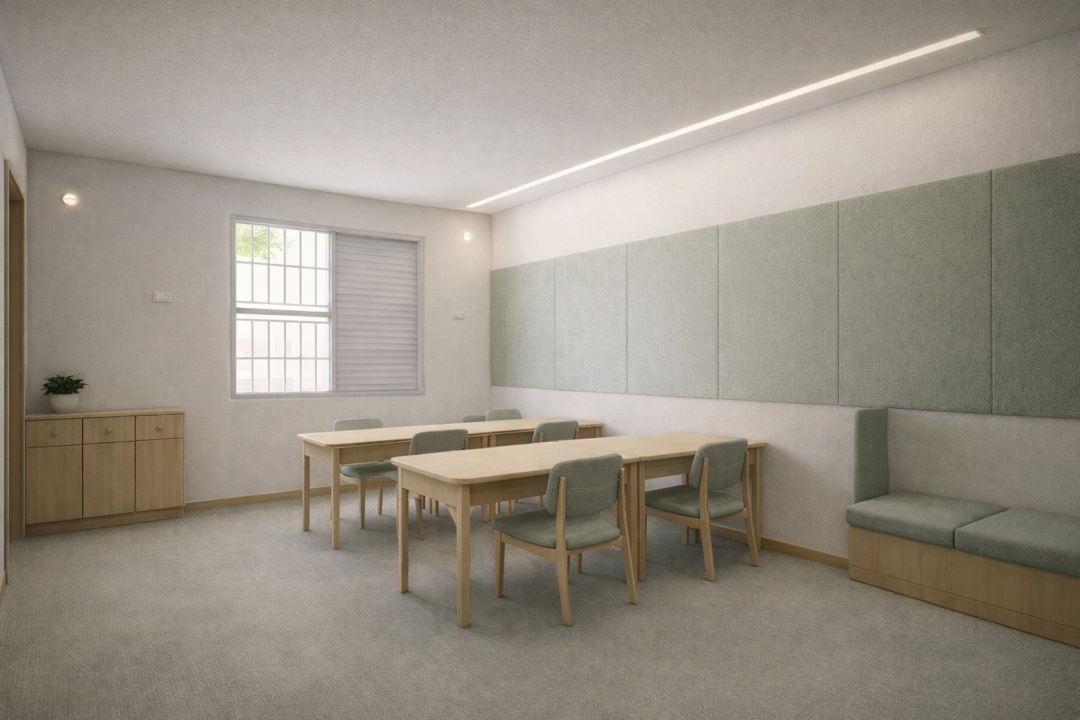 Sala de aula da Escola Raio de Luz com iluminação uniforme, tons neutros e organização visual.